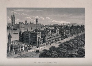 view Saint Thomas's Hospital, Lambeth, seen from the south with the Palace of Westminster in the background. Wood engraving after T. Sulman.