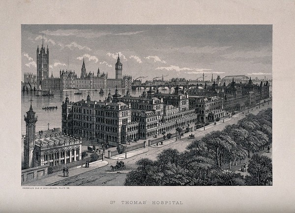 Saint Thomas's Hospital, Lambeth, seen from the south with the Palace of Westminster in the background. Wood engraving after T. Sulman.