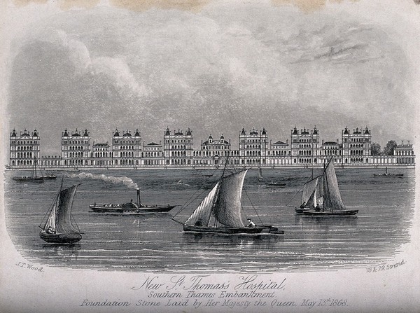 Saint Thomas's Hospital, Lambeth, viewed from the north bank of the Thames. Engraving.