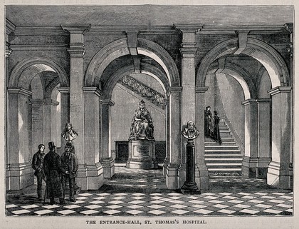 St Thomas's Hospital, Lambeth: the entrance hall, with a statue of Queen Victoria. Wood engraving by [J. I.].