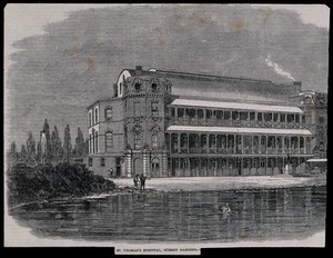 view St Thomas's Hospital: when temporarily in Surrey Gardens, viewed from the ornamental lake. Wood engraving by T. H. Wilson, 1862.