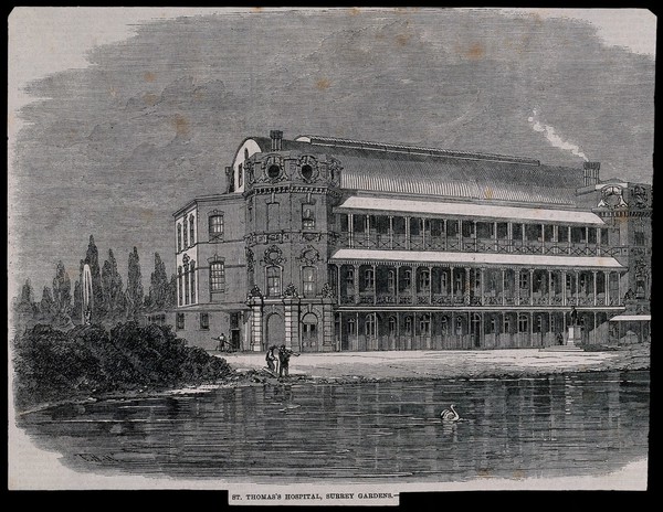 St Thomas's Hospital: when temporarily in Surrey Gardens, viewed from the ornamental lake. Wood engraving by T. H. Wilson, 1862.