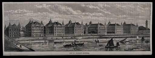 St. Thomas's Hospital, Lambeth, viewed from the north bank of the Thames. Engraving.