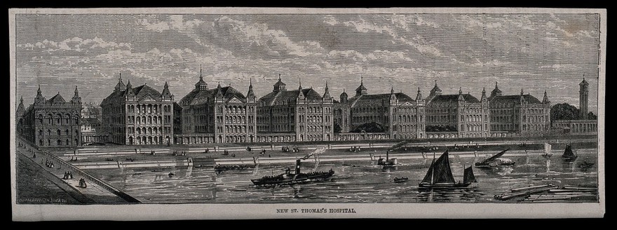 St. Thomas's Hospital, Lambeth, viewed from the north bank of the Thames. Wood engraving by C. Butterworth & Heath, 1871.