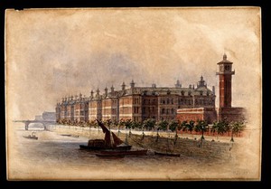 view Saint Thomas's Hospital, Lambeth, viewed from upstream on the Thames, perhaps from Lambeth Bridge. Watercolour by [E. D.], 1887.