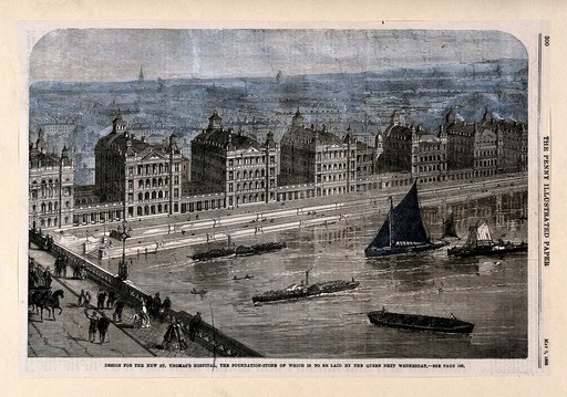 St. Thomas's Hospital, Lambeth, viewed from the north bank of the Thames. Wood engraving.