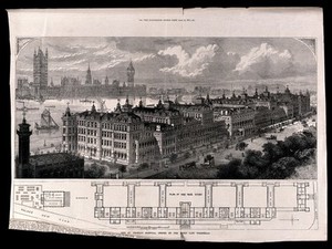 view St Thomas's Hospital, Lambeth, seen from the south-east with the Palace of Westminster in the background, a plan and scale beneath. Wood engraving by T. Sulman, 1871.