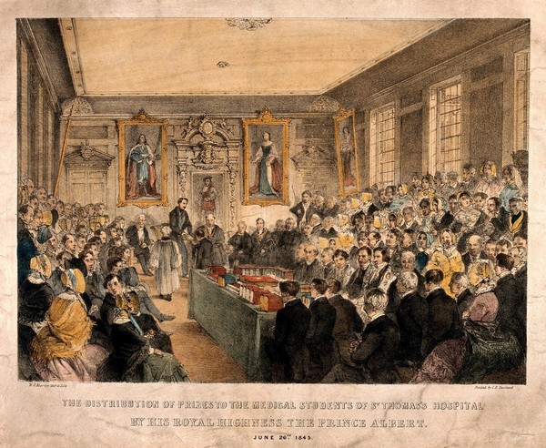 St Thomas's Hospital, Southwark: Prince Albert distributing prizes to the medical students. Coloured lithograph by C. H. Fairland after W. H. Kearney, 1845.