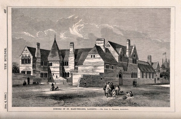 Schools of St. Mary-the-less, Lambeth. Wood engraving by J. S. Heaviside after B. Sly, 1860.