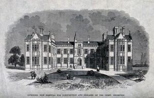 view The Hospital for Consumption, Brompton Road, Fulham: viewed from the road. Wood engraving by T. G. Dutton after F. J. Francis, 1844.