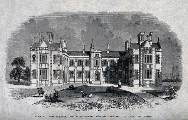 The Hospital for Consumption, Brompton Road, Fulham: viewed from the road. Wood engraving by T. G. Dutton after F. J. Francis, 1844.