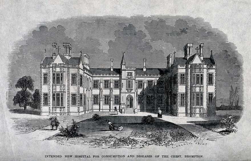 The Hospital for Consumption, Brompton Road, Fulham: viewed from the road. Wood engraving by T. G. Dutton after F. J. Francis, 1844.