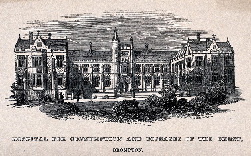 The Hospital for Consumption, Brompton Road, Fulham: viewed from the road. Wood engraving by O. P. Nicholls after F. W. Hulme.