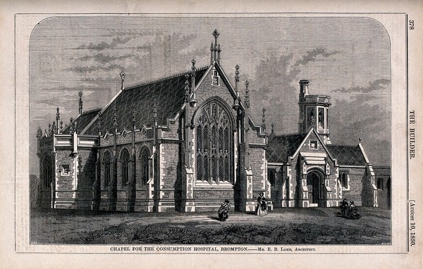 The Chapel at the Hospital for Consumption, Brompton Road, Fulham: viewed from the road. Wood engraving by T. G. Dutton after E. B. Lamb.