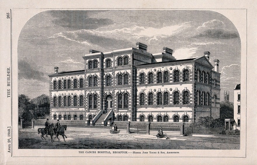 The Free Cancer Hospital, Kensington, London: view from the street. Wood engraving by J.S. Heaviside after B. Sly, 1860.