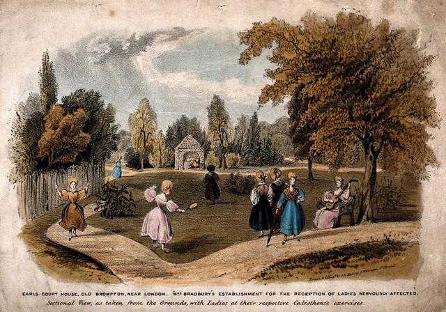 Earl's Court House, London: the gardens with several women, walking, skipping, playing badminton, etc. Coloured lithograph by G. E. Madeley after himself.