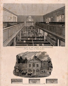 Knightsbridge Chapel: above, the interior, below a vignette of the exterior, with three details of carved inscriptions. Engraving by B. Howlett after R. B. Schnebbelie, 1818.