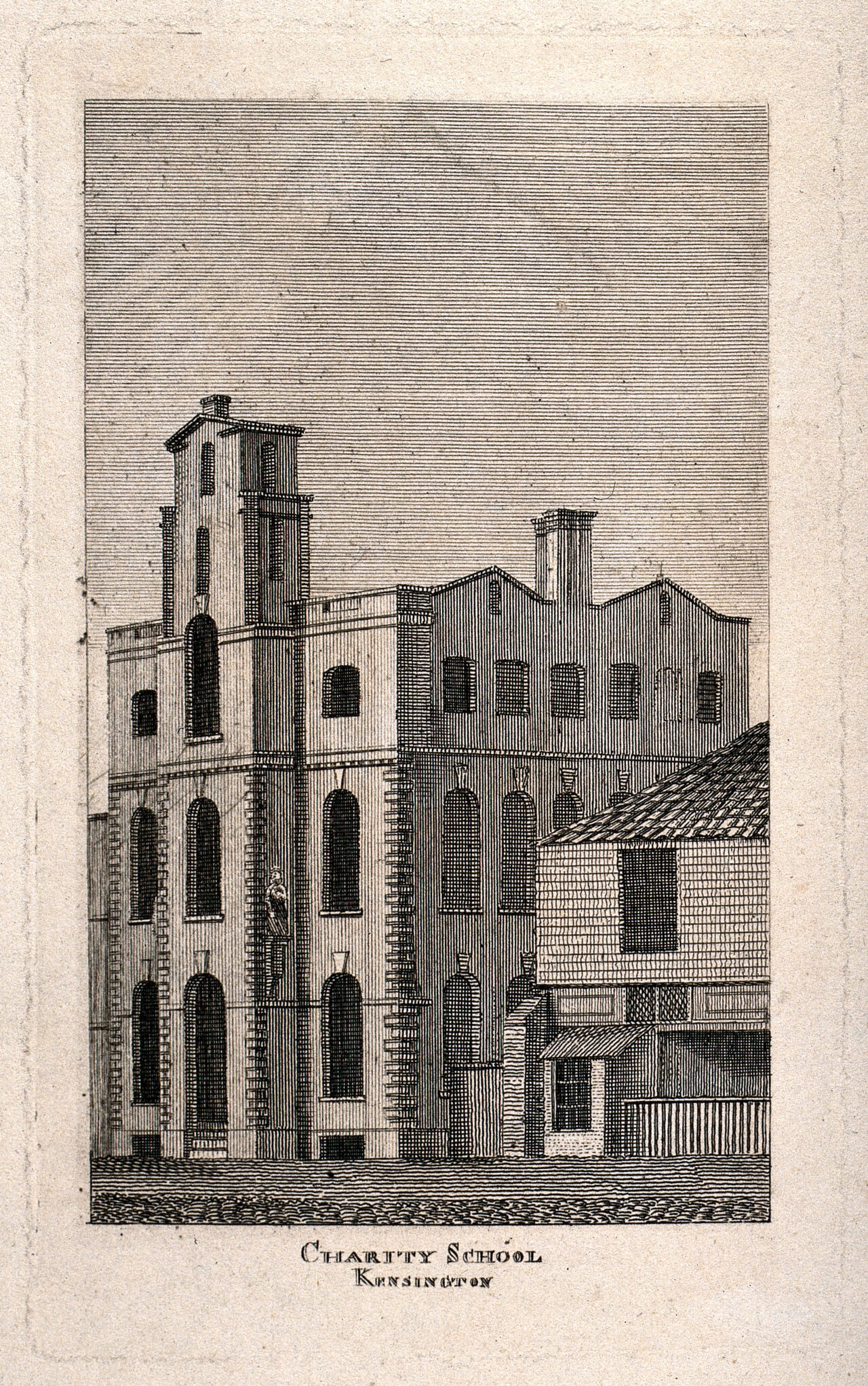 The Charity School, or National School, Kensington High Street. Engraving., by Nicholas Hawksmoor