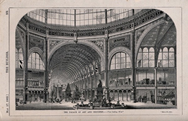 The Palace of Art and Industry, exhibition of 1862: the interior, at the crossing, looking west. Wood engraving by W. E. Hodgkin, 1862.