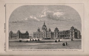 view Design for museums at south Kensington. Wood engraving by W. E. Hodgkin after B. Sly after F. Fowke, 1864.