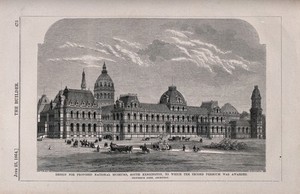 view Design for museums at south Kensington. Wood engraving by J. S. Heaviside after B. Sly after R. Kerr, 1864.