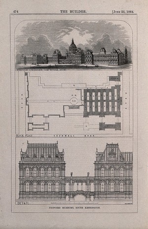 view Design for museums at south Kensington. Wood engraving by W. E. Hodgkin after R. Kerr, 1864.
