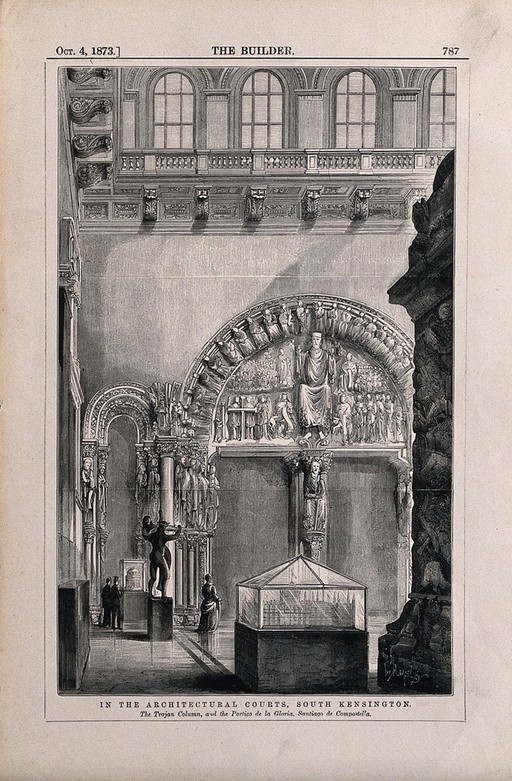 South Kensington Museum: the interior of the architectural court, with exhibits and visitors. Wood engraving by J. Walmsley, 1873.