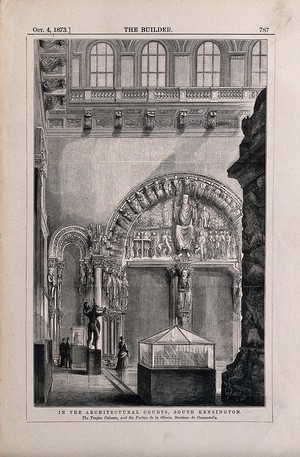 view South Kensington Museum: the interior of the architectural court, with exhibits and visitors. Wood engraving by J. Walmsley, 1873.