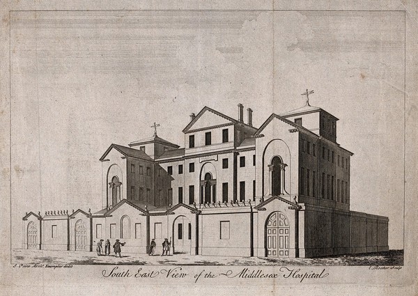 The Middlesex Hospital: seen from the south-east. Engraving by E. Rooker, 1757, after J. Paine.