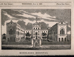 view The Middlesex Hospital: seen from the south. Wood engraving, 1837.