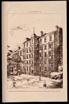 The Middlesex Hospital: additions to the old building, a game of tennis in progress in the foreground. Photo-lithograph, 1890.