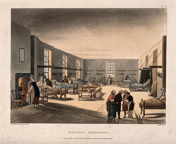 The Middlesex Hospital: the interior of one of the female wards. coloured aquatint by J. C. Stadler, 1808, after A. C. Pugin and T. Rowlandson.