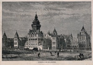 view St Marylebone Infirmary, Exmoor Street, London: the exterior. Wood engraving, 1881 (?).