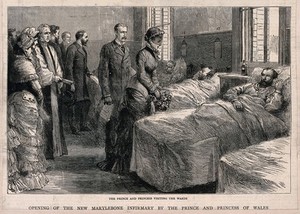 view St Marylebone Infirmary, Exmoor Street, London: the Prince and Princess of Wales visiting patients in one of the wards. Wood engraving, ca. 1881.