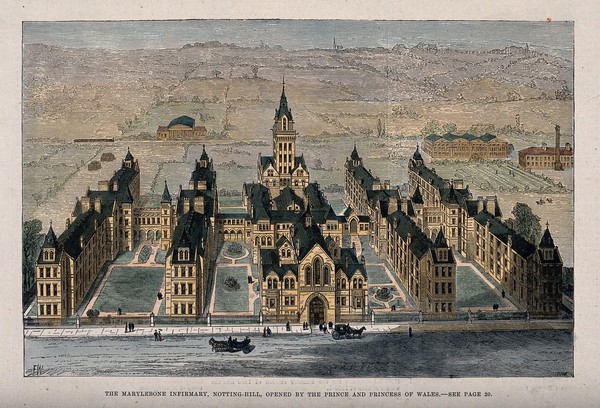 St Marylebone Infirmary, Exmoor Street, London: the exterior. Coloured wood engraving by H.J. Crane after F. Watkins (?), 1881.