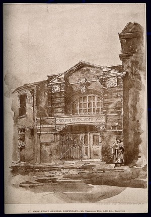 view St. Marylebone dispensary, Welbeck Street, London. Sepia photo-lithograph after A. B. Pite, 1892.