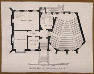 view The Philological School, St Marylebone, London: plan of the ground floor. Wood engraving attributed to B. Sly, 1857.