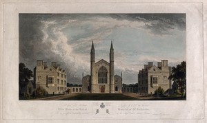 view St Katharine's Hospital, Regent's Park, London: seen from the road. Coloured aquatint by R.G. Reeve, 1827, after A. Poynter.