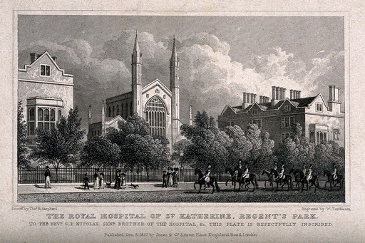 St Katharine's Hospital, Regent's Park, London: seen from the road. Engraving by W. Tombleson, 1827, after T. H. Shepherd.