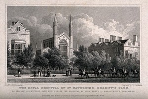 view St Katharine's Hospital, Regent's Park, London: seen from the road. Steel engraving by W. Tombleson, 1827, after T. H. Shepherd.