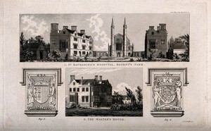 view St Katharine's Hospital, Regent's Park, London: seen from the road, and, below, the Master's house. Engraving by C. J. Smith, 1828.