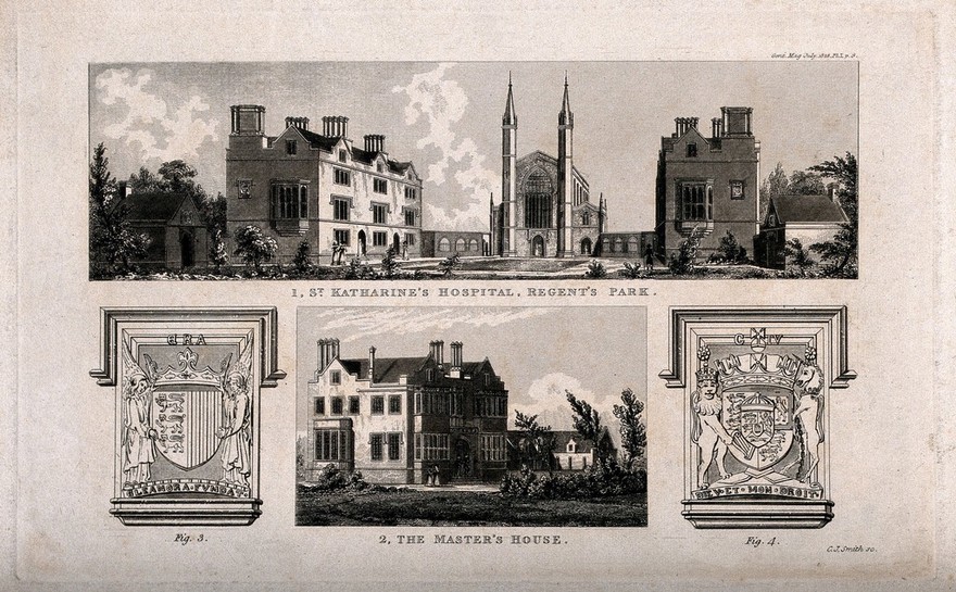 St Katharine's Hospital, Regent's Park, London: seen from the road, and, below, the Master's house. Engraving by C. J. Smith, 1828.