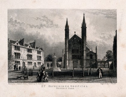 St Katharine's Hospital, Regent's Park, London: seen from the road. Engraving by I. Woods after J. Salmon after R. Garland.