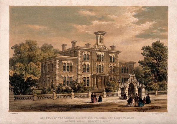 School of the London Society for Teaching the Blind to Read, Avenue Road, London: seen from the road. Coloured lithograph by E. T. Dolby after H.E. Kendall, 1847 (?).