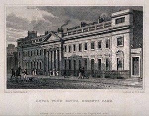 view The Royal York Baths, Regent's Park, London. Engraving by W. R. Smith, 1828, after T. H. Shepherd.