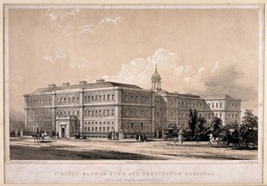 view St Mary's Hospital, Paddington, London. Lithograph by G. Hawkins after G. R. French.