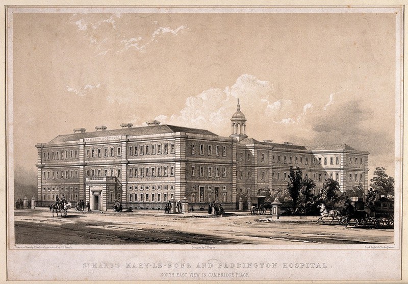 St Mary's Hospital, Paddington, London. Lithograph by G. Hawkins after G. R. French., by George Russell French