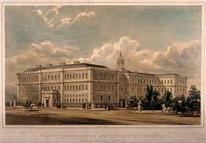 view St Mary's Hospital, Paddington, London. Coloured lithograph by G. Hawkins after G. R. French.