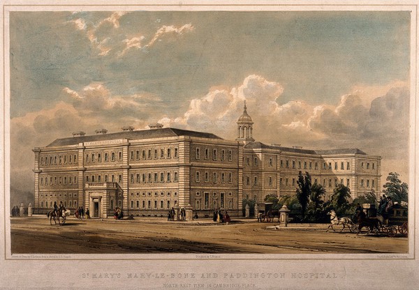 St Mary's Hospital, Paddington, London. Coloured lithograph by G. Hawkins after G. R. French.