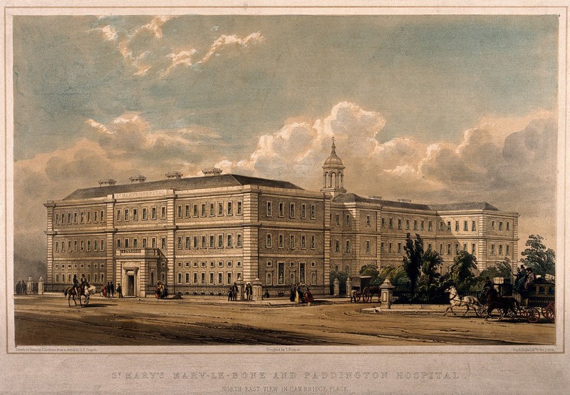 St Mary's Hospital, Paddington, London. Coloured lithograph by G. Hawkins after G. R. French., by George Russell French